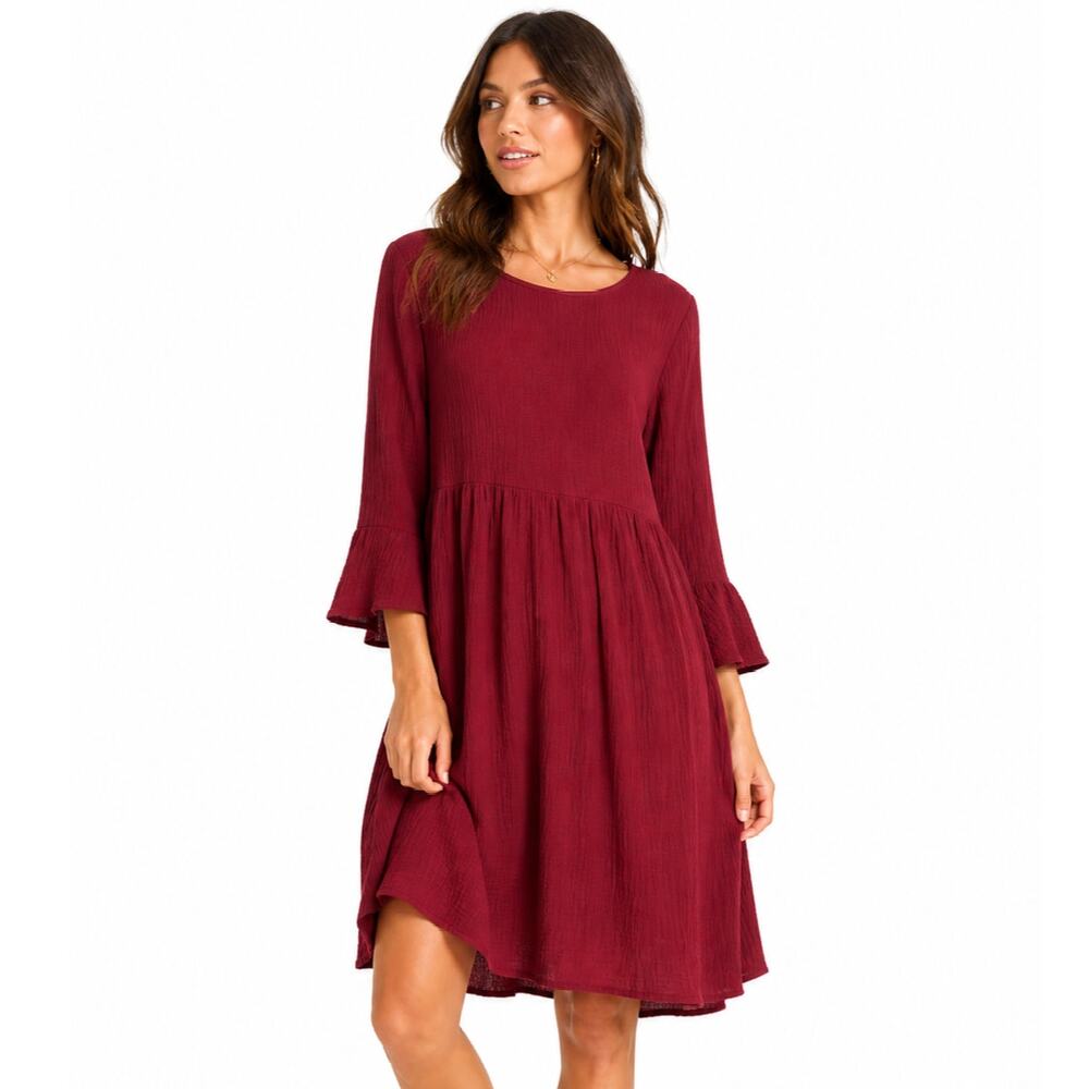 PatPat Red Babydoll Dress Womens Large Flowy Empire Waist Boho 3/4 Bell Sleeve
